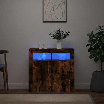 Skänk med LED-belysning rökfärgad ek 80x35x75 cm