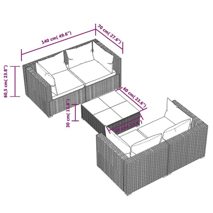 Loungegrupp med dynor 5 delar konstrotting brun