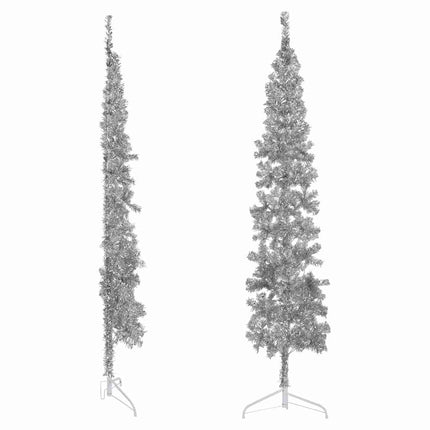 Smal halv plastgran med stativ silver 210 cm