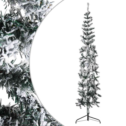 Smal halv plastgran med snö 180 cm