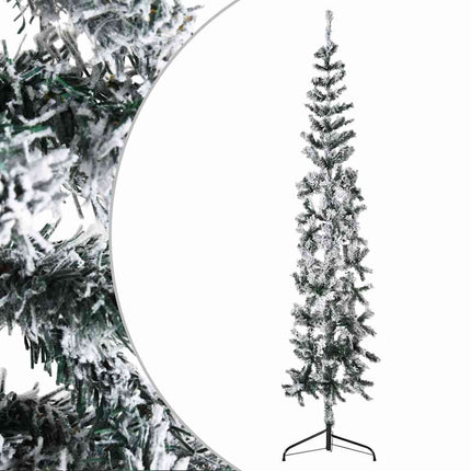 Smal halv plastgran med snö 240 cm