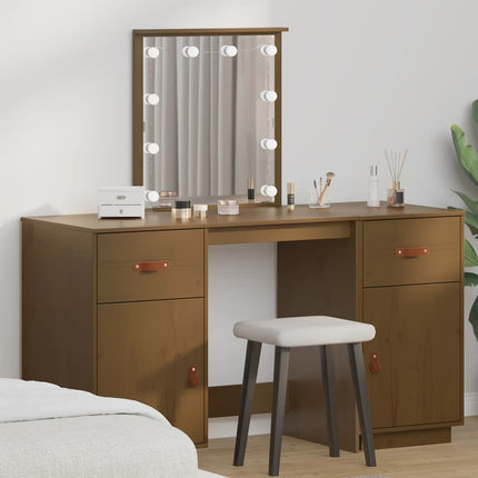 Sminkbord med spegel LED honungsbrun massiv furu