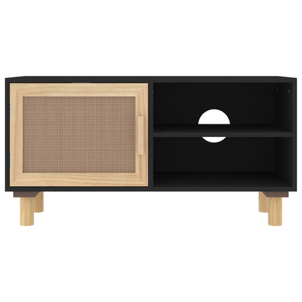 Tv-bänk svart 80x30x40 cm massiv furu och naturlig rotting