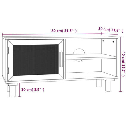 Tv-bänk svart 80x30x40 cm massiv furu och naturlig rotting