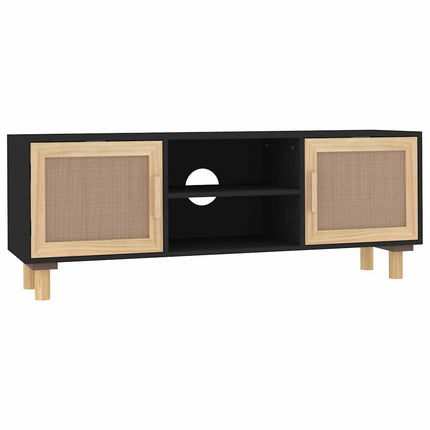 Tv-bänk svart 105x30x40 cm massiv furu & naturlig rotting