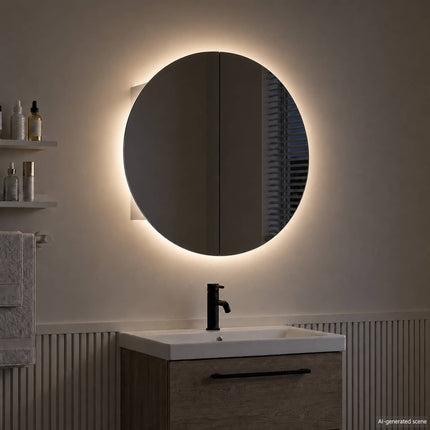 Badrumsskåp med rund spegel och LED vit 54x54x17,5 cm
