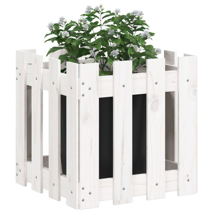 Odlingslåda med staket-design vit 40x40x40 cm massiv furu