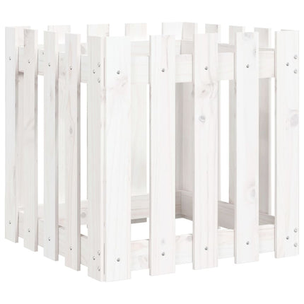 Odlingslåda med staket-design vit 50x50x50 cm massiv furu