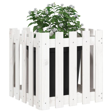 Odlingslåda med staket-design vit 50x50x50 cm massiv furu