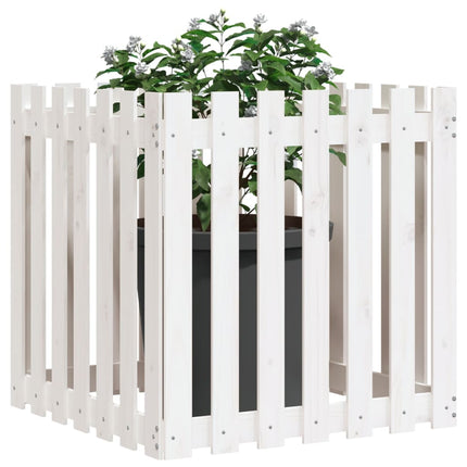 Odlingslåda med staket-design vit 70x70x70 cm massiv furu