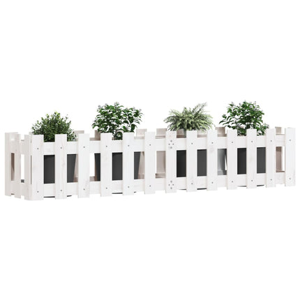 Odlingslåda med staket-design vit 150x30x30 cm massiv furu
