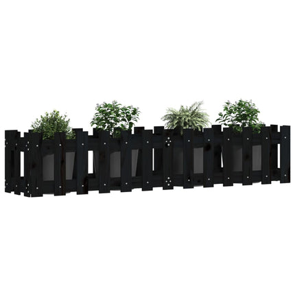 Odlingslåda med staket-design svart 150x30x30 cm massiv furu