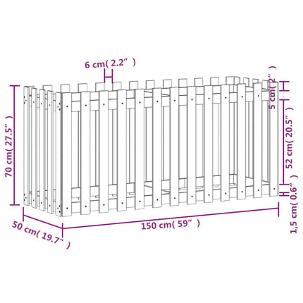 Odlingslåda med staket-design vit 150x50x70 cm massiv furu