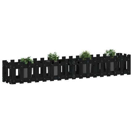 Odlingslåda med staket-design svart 200x30x30 cm massiv furu