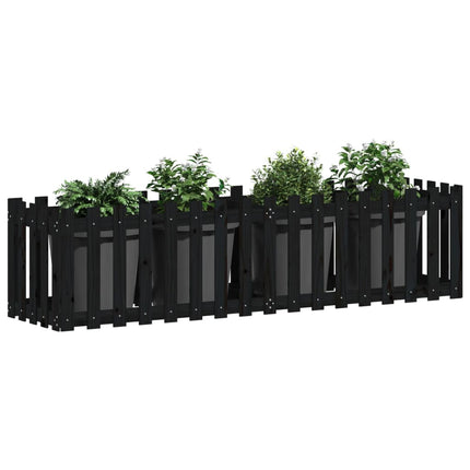 Odlingslåda med staket-design svart 200x50x50 cm massiv furu