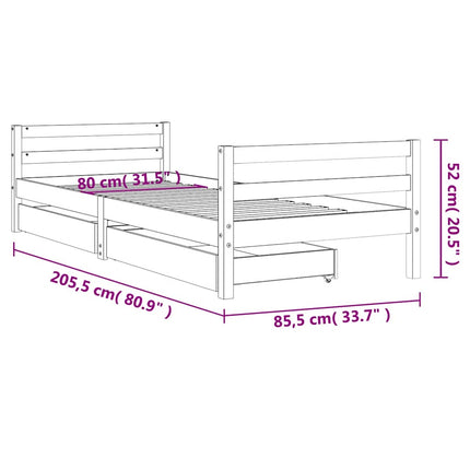 Sängram för barnsäng m. lådor vit 80x200 cm massiv furu