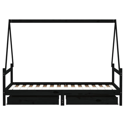 Sängram med lådor för barn svart 90x190 cm massiv furu