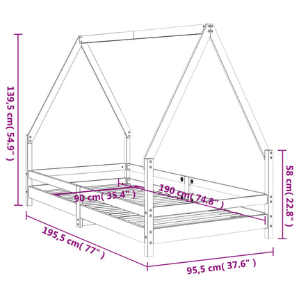 Sängram för barn vit 90x190 cm massiv furu