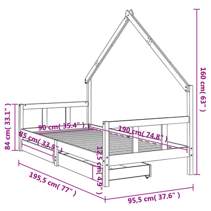 Sängram med lådor för barn vit 90x190 cm massiv furu