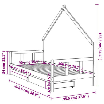 Sängram för barnsäng m. lådor vit 90x200 cm massiv furu