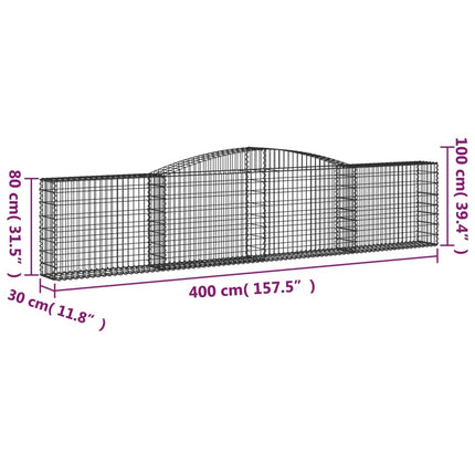 Gabioner bågformade 9 st 400x30x80/100 cm galvaniserat järn