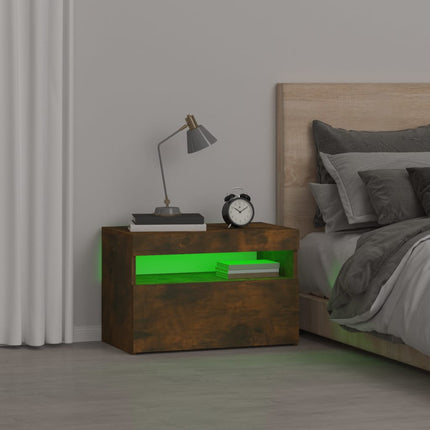 Sängbord med LED-belysning rökfärgad ek 60x35x40 cm