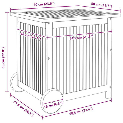 Dynbox med hjul 60x50x58 cm massivt akaciaträ