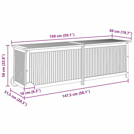 Dynbox med hjul 150x50x58 cm massivt akaciaträ