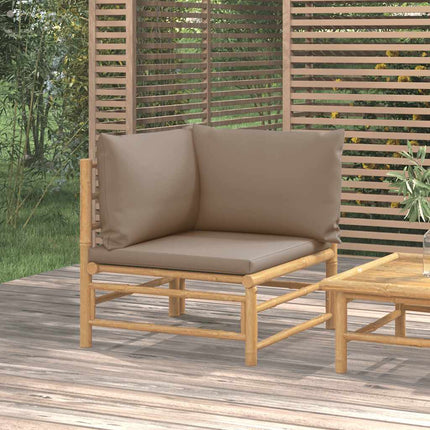 Hörnsoffa för trädgården med taupe dynor bambu