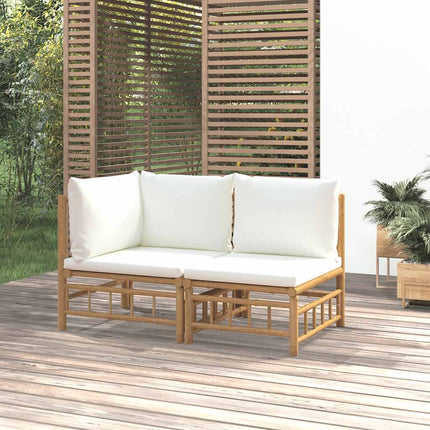 Loungegrupp för trädgården med gräddvita dynor 2 delar bambu
