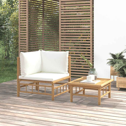 Loungegrupp för trädgården med gräddvita dynor 2 delar bambu