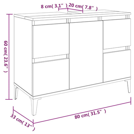 Tvättställsskåp rökfärgad ek 80x33x60 cm konstruerat trä