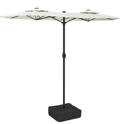 Trädgårdsparasoll dubbelt med LEDs sandvit 316x145 cm