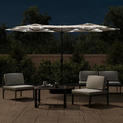 Trädgårdsparasoll dubbelt med LEDs sandvit 316x145 cm