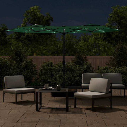 Trädgårdsparasoll dubbelt med LEDs grön 316x145 cm