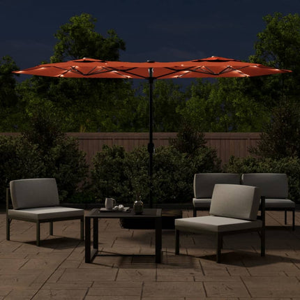 Trädgårdsparasoll dubbelt med LEDs terrakotta 316x145 cm