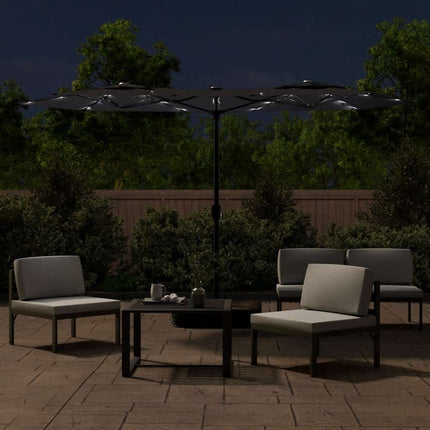 Trädgårdsparasoll dubbelt med LEDs svart 316x145 cm