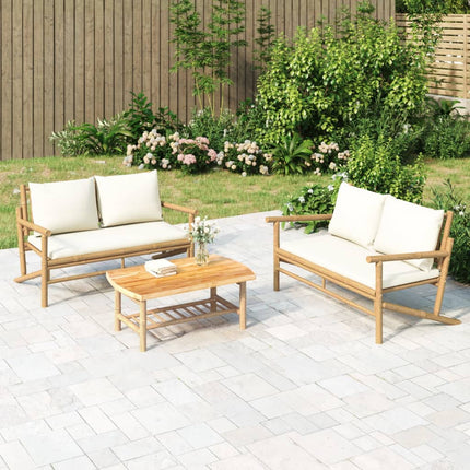 Loungegrupp för trädgården med gräddvita dynor 3 delar bambu