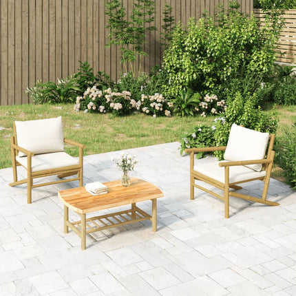 Loungegrupp för trädgården med gräddvita dynor 3 delar bambu