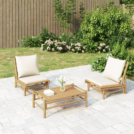 Loungegrupp för trädgården med gräddvita dynor 3 delar bambu