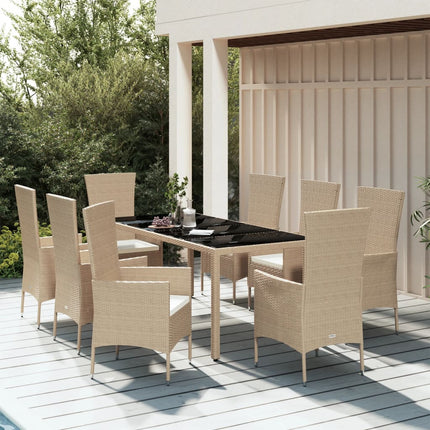 Matgrupp för trädgården med dynor 9 delar beige konstrotting