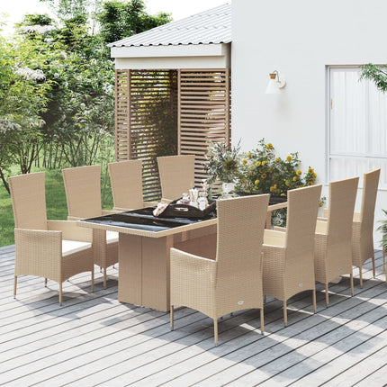 Matgrupp för trädgården med dynor 9 delar beige konstrotting