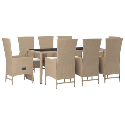 Matgrupp för trädgården med dynor 9 delar beige konstrotting