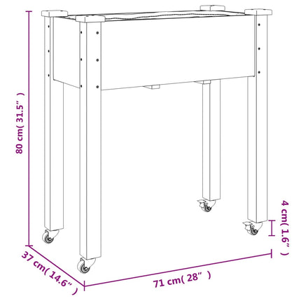 Odlingslåda på hjul med foder 71x37x80 cm massivt granträ