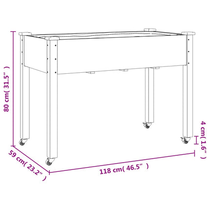 Odlingslåda på hjul med foder brun 118x59x80 cm massivt granträ