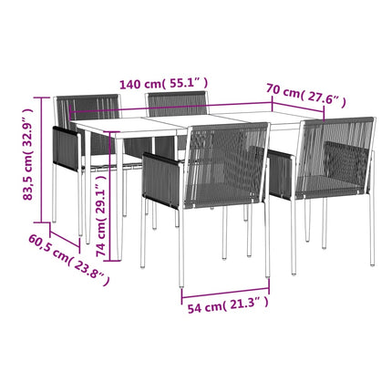 Matgrupp för trädgården med dynor 5 delar svart konstr. & stål