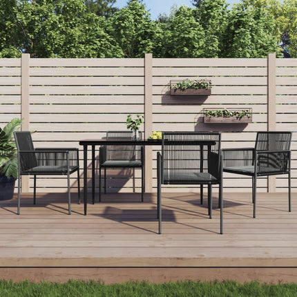 Matgrupp för trädgården med dynor 5 delar svart konstr. & stål