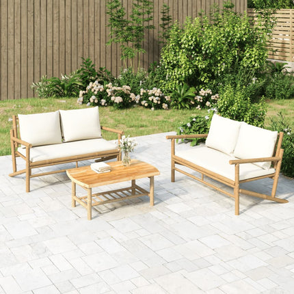 Loungegrupp för trädgården med gräddvita dynor 2 delar bambu