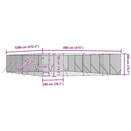 Hundgård för utomhusbruk silver 8x12x2 m galvaniserat stål