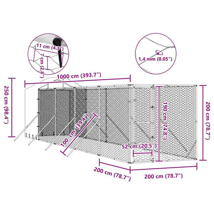 Hundgård med tak silver 2x10x2,5 m galvaniserat stål